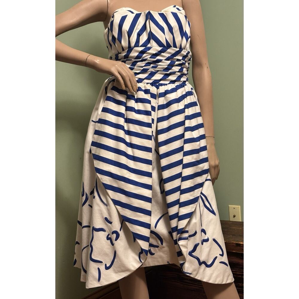 Vintage Victor Costa Blue/White Cotton Strapless DRESS w/overlay Skirt